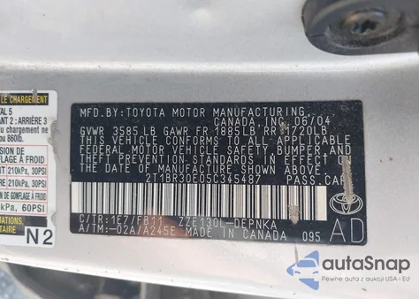 2005 Toyota Corolla Le z USA, uszkodzony, nr VIN 2T1BR30E05C345487